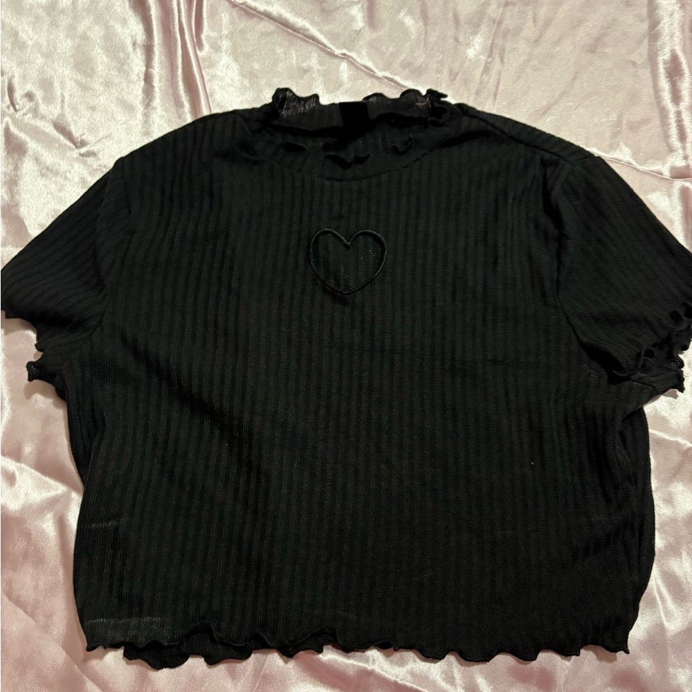 Black Ruffled Heart cut out crop Top